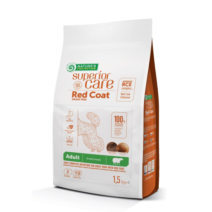 dry grain free food for adult dogs of small breeds with red coat with